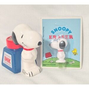 1966 Peanuts Snoopy "Ink" Ceramic Pencil Holder AND New Eraser On Unpunched Card